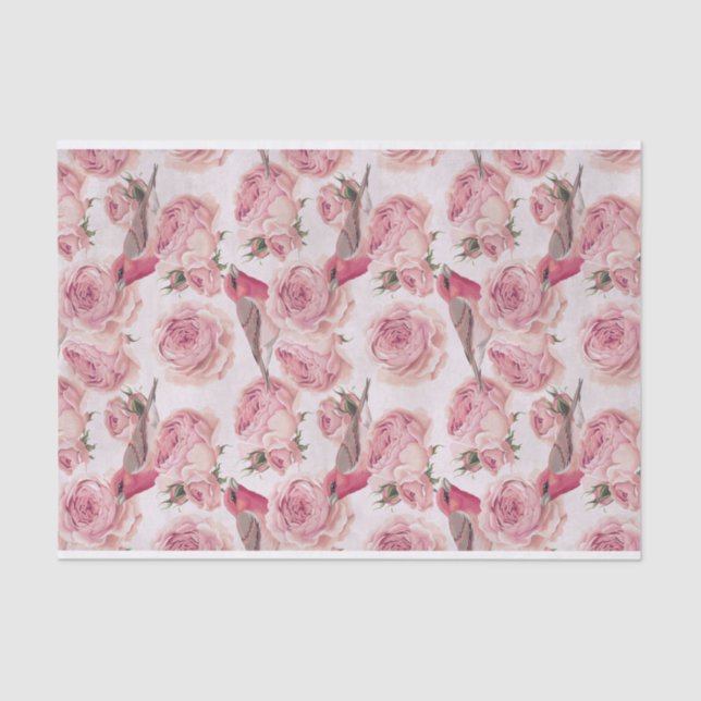 Bullfinch Birds Perched on Pink Roses Pattern Tissue Paper (Front)