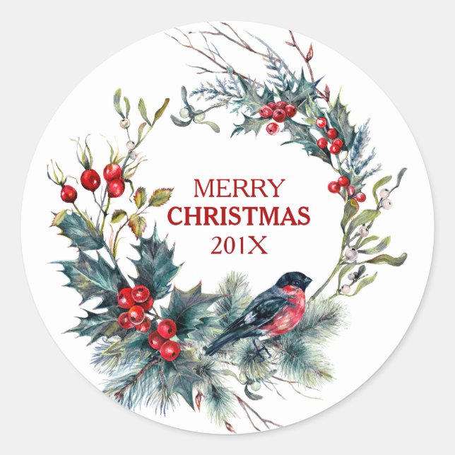 Bullfinch & Christmas holly wreath Classic Round Sticker (Front)