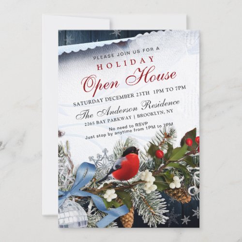 Bullfinch Holly Berry Christmas Holiday Open House Invitation