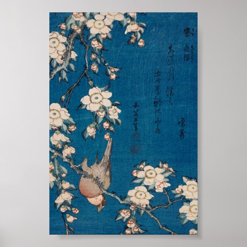 Bullfinch on a Weeping Cherry Branch by Hokusai Poster