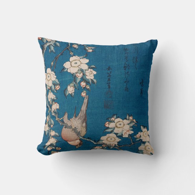 Bullfinch on a Weeping Cherry Branch by Hokusai Throw Pillow (Front)