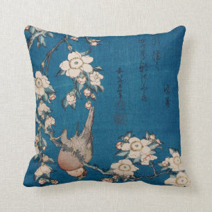 Bullfinch on a Weeping Cherry Branch by Hokusai Throw Pillow