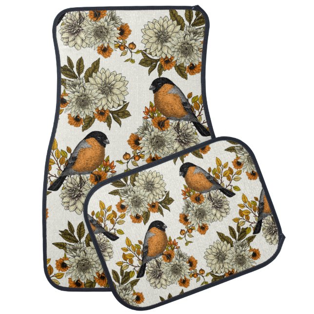 Bullfinch on autumn florals 2 car floor mat (Set)