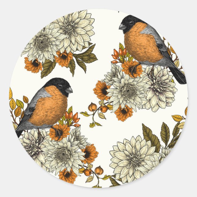 Bullfinch on autumn florals 2 classic round sticker (Front)