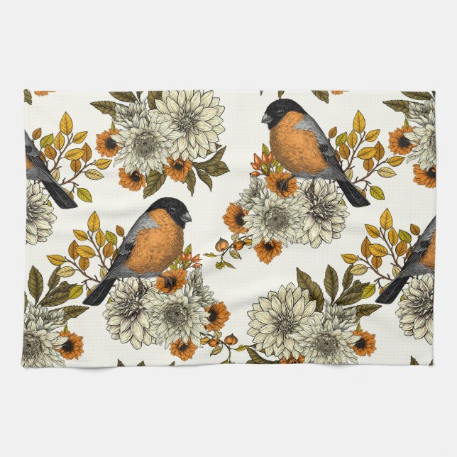 Bullfinch on autumn florals 2 kitchen towel (Horizontal)