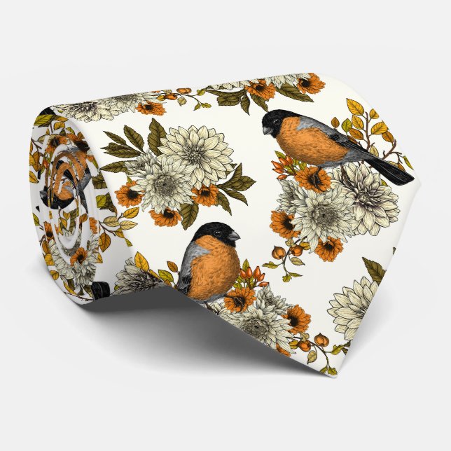 Bullfinch on autumn florals 2 neck tie (Rolled)