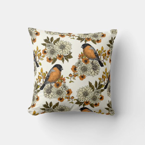 Bullfinch on autumn florals 2 throw pillow