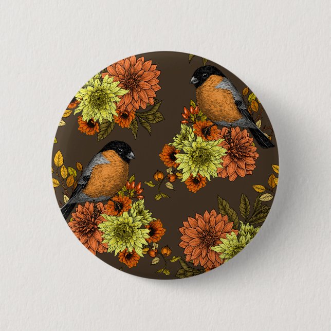 Bullfinch on autumn florals button (Front)