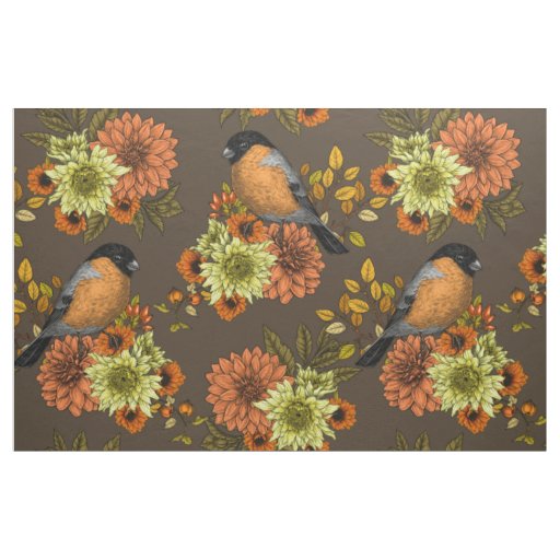 Bullfinch on autumn florals fabric