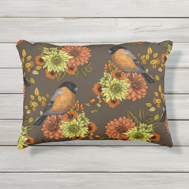 Bullfinch on autumn florals outdoor pillow (Front)