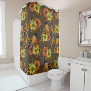 Bullfinch on autumn florals shower curtain