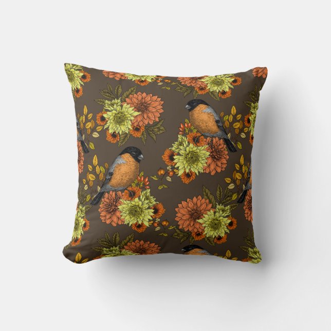 Bullfinch on autumn florals throw pillow (Front)