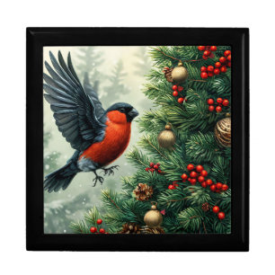 Bullfinch Perched on Decorated Christmas Tree Gift Box