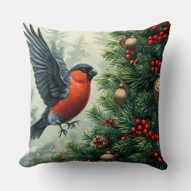 Bullfinch Perched on Decorated Christmas Tree Throw Pillow (Front)
