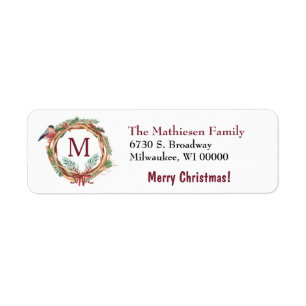 Bullfinch Rustic Wreath Christmas Return Address Label