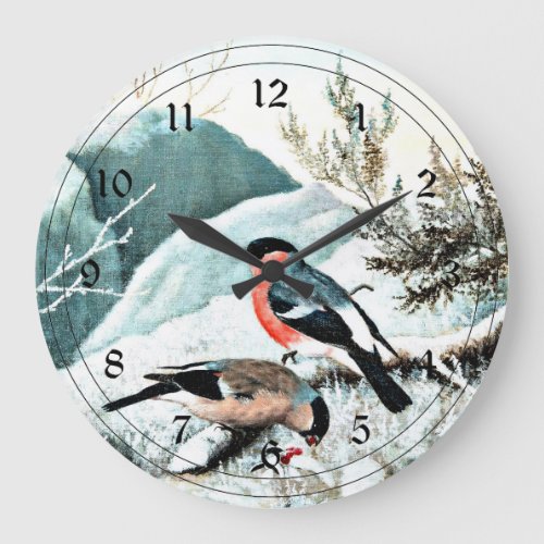 Bullfinches in Winter Landscape Large Clock