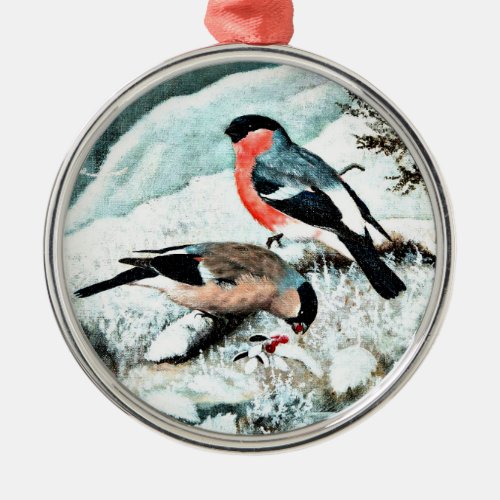 Bullfinches in Winter Landscape Metal Ornament