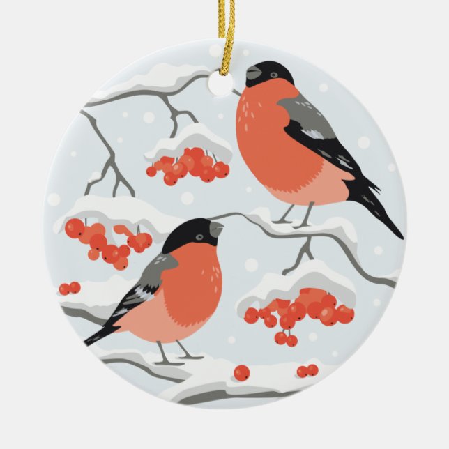 Bullfinches on rowan branches ceramic ornament (Front)