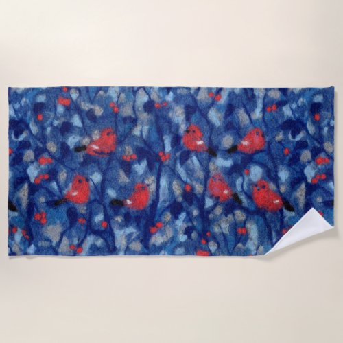 Bullfinches red birds blue forest trees fiber art beach towel