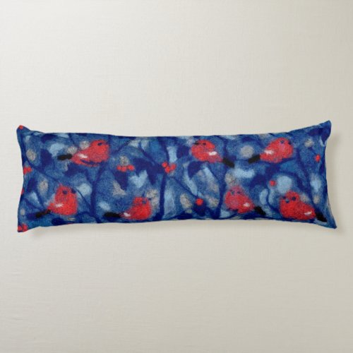 Bullfinches red birds blue forest trees fiber art body pillow