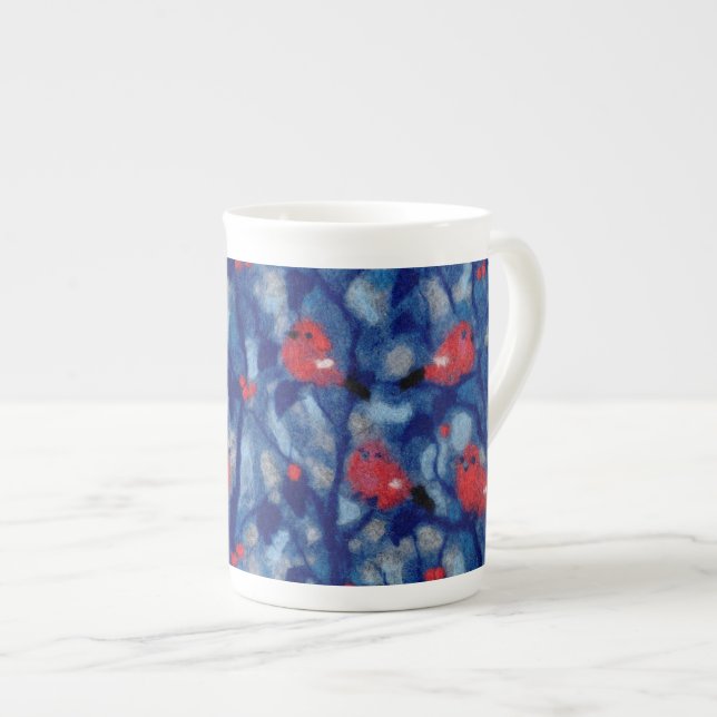 Bullfinches, red birds blue forest trees fiber art bone china mug (Front Right)