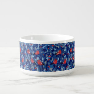 Bullfinches, red birds blue forest trees fiber art bowl