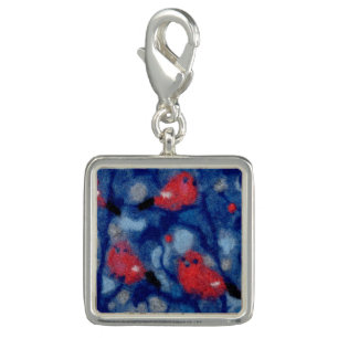 Bullfinches, red birds blue forest trees fiber art charm