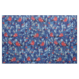 Bullfinches, red birds blue forest trees fiber art fabric
