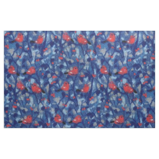 Bullfinches, red birds blue forest trees fiber art fabric