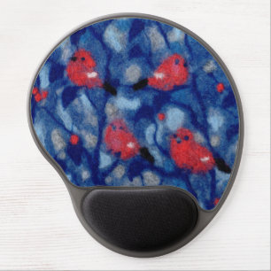 Bullfinches, red birds blue forest trees fiber art gel mouse pad