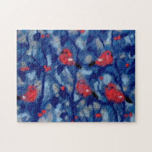 Bullfinches, red birds blue forest trees fiber art jigsaw puzzle