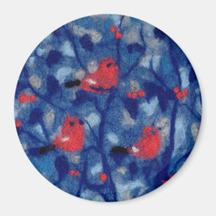 Bullfinches, red birds blue forest trees fiber art magnet