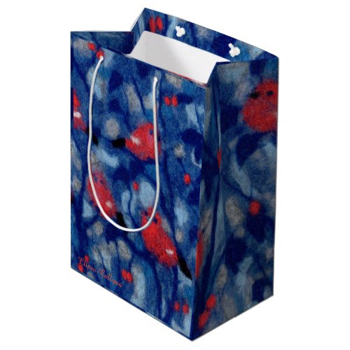 Bullfinches red birds blue forest trees fiber art medium gift bag