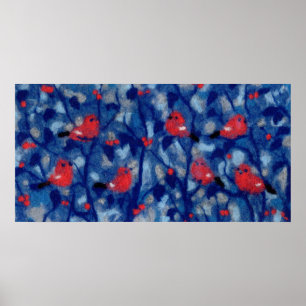 Bullfinches, red birds blue forest trees fiber art poster