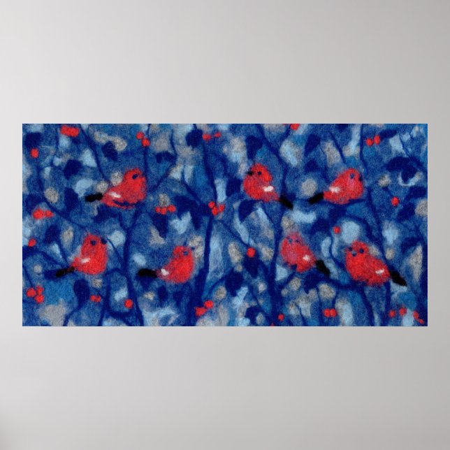 Bullfinches, red birds blue forest trees fiber art poster (Front)