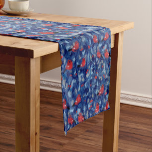Bullfinches, red birds blue forest trees fiber art short table runner
