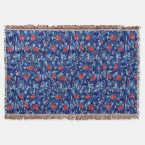 Bullfinches red birds blue forest trees fiber art throw blanket