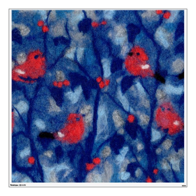 Bullfinches, red birds blue forest trees fiber art wall decal (Front)