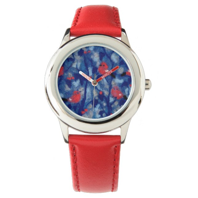 Bullfinches, red birds blue forest trees fiber art watch (Front)