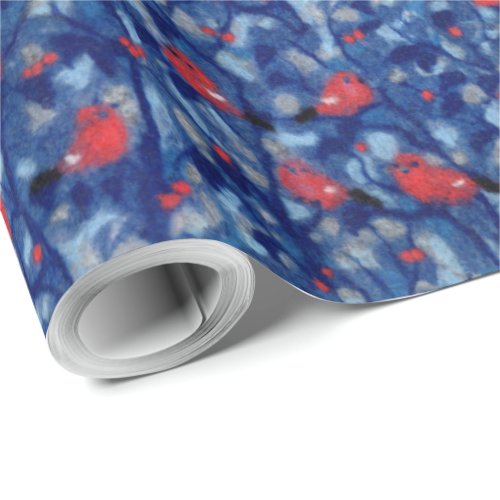 Bullfinches red birds blue forest trees fiber art wrapping paper