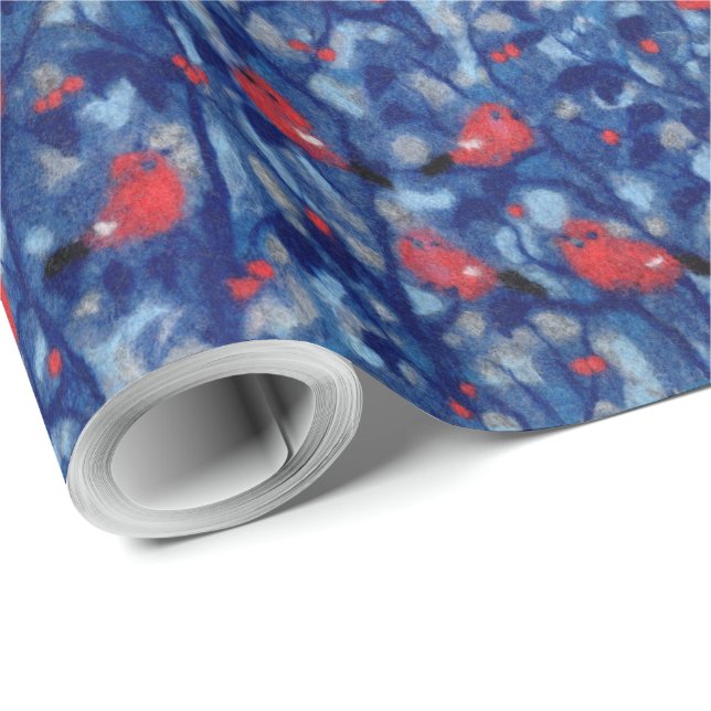 Bullfinches, red birds blue forest trees fiber art wrapping paper (Roll Corner)