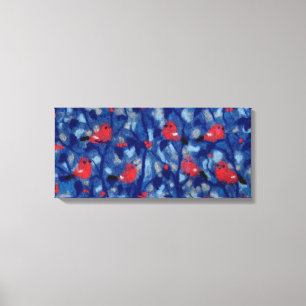 Bullfinches, Red Birds Blue Trees Fiber Painting Canvas Print