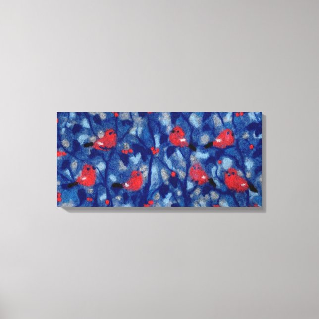 Bullfinches, Red Birds Blue Trees Fiber Painting Canvas Print (Front)