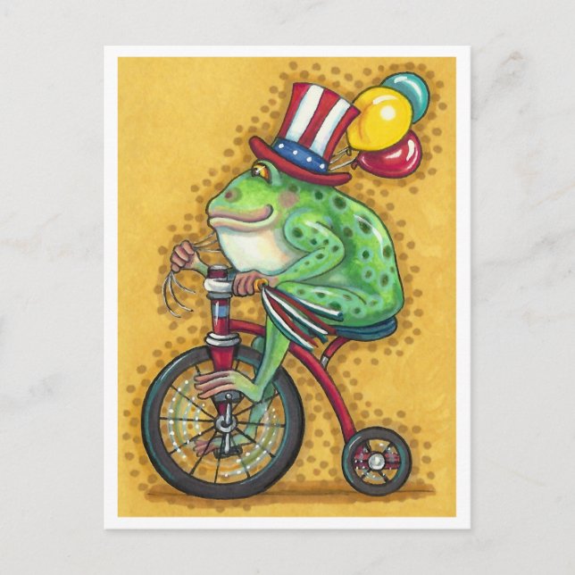 BULLFROG 4TH OF JULY, FROG TRICYCLE & BALLOONS  HOLIDAY POSTCARD (Front)