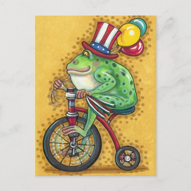 BULLFROG 4TH OF JULY, FROG TRICYCLE & BALLOONS HOLIDAY POSTCARD (Front)