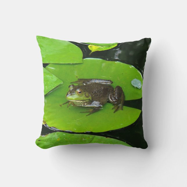 Bullfrog on Lilypads Throw Pillow (Front)