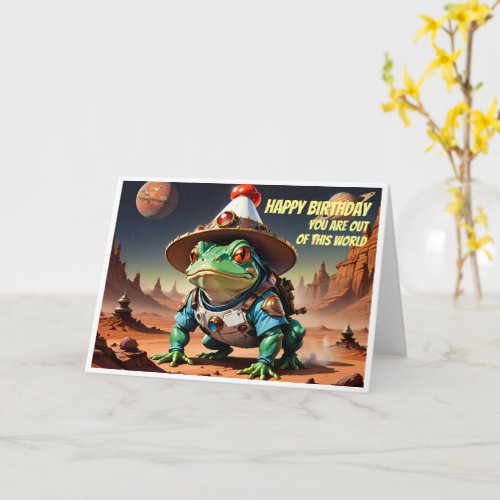 Bullfrog wearing birthday hat and spacesuit  card