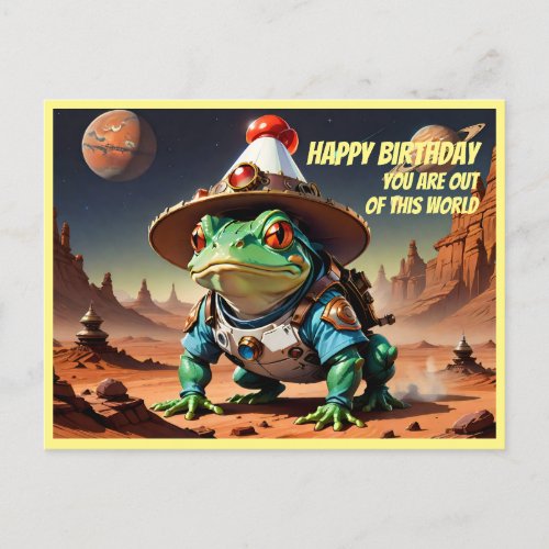 Bullfrog wearing birthday hat and spacesuit  postcard