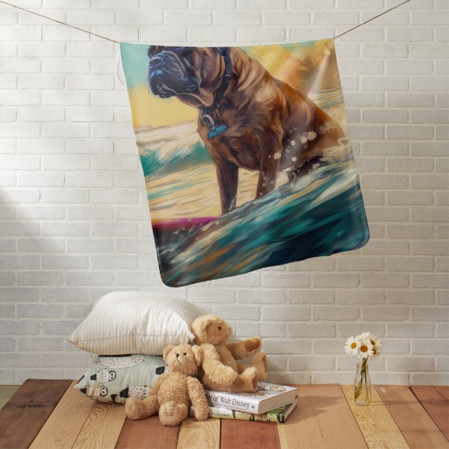 Bullmastiff Beach Surfing Painting  Baby Blanket (In Situ)