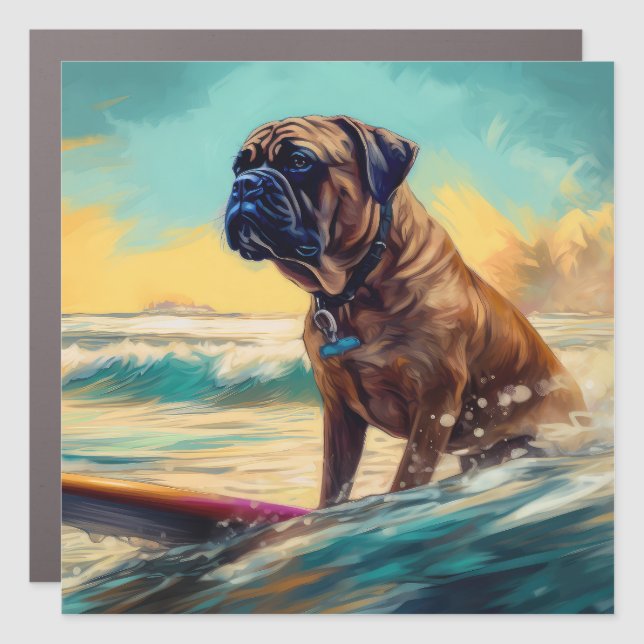 Bullmastiff Beach Surfing Painting  Car Magnet (Front)